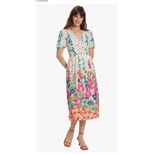 Donna Morgan Women's Colorful Floral and Vine Printed V-Neck Puff Sleeve‎ Dress